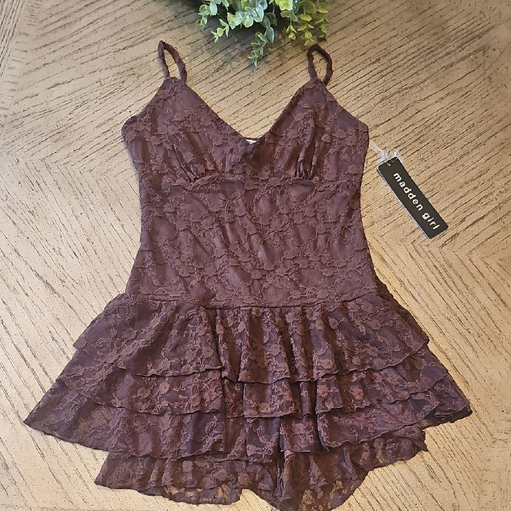 Brown LaceβRuffle Romper Dress Size S NWT Madden Girl